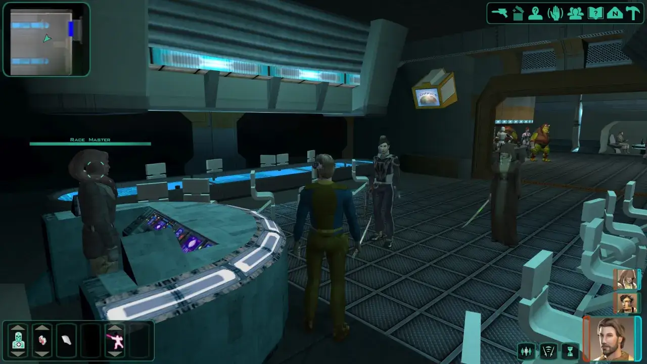 Postacie z gry Star Wars: Knights of the Old Republic, w tym Rasa Mistrz, czekają na gracza. Spolszczenie gry ułatwia zrozumienie fabuły.