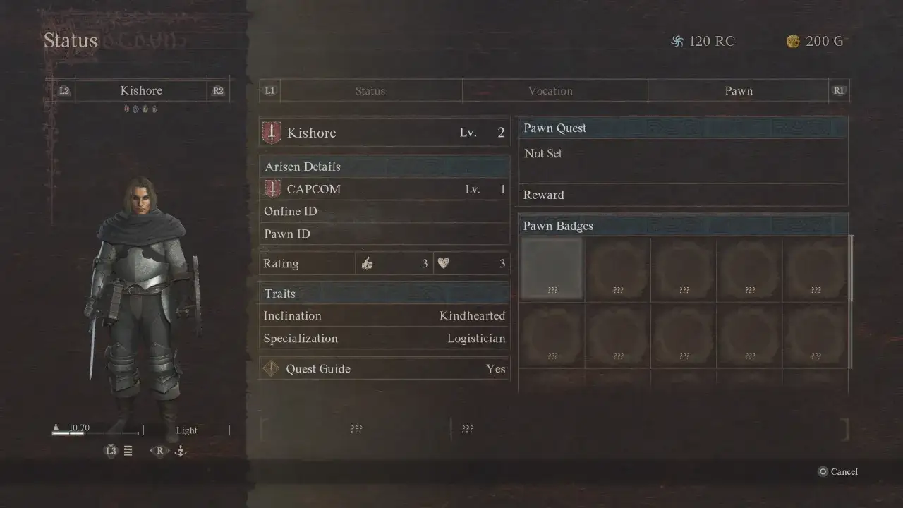 Status postaci w Dragon's Dogma 1: Kishore, poziom 2, z cechami