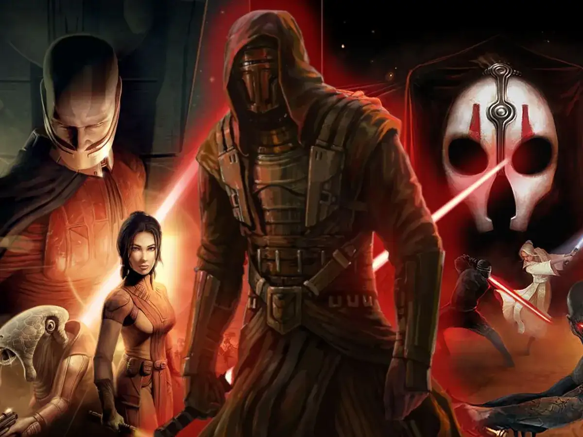 Postacie z gry Star Wars Knights of the Old Republic, w tym tajemniczy wojownik w masce i piękna wojowniczka. Spolszczenie gry dodaje głębi tej historii.