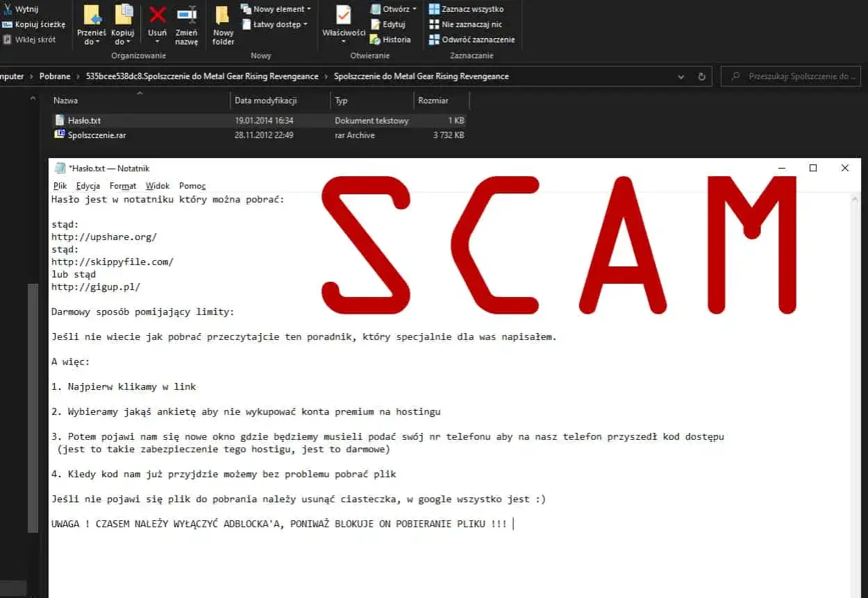 Instrukcja jak zrobić spolszczenie do gry, ale uwaga, to SCAM! Plik z poradnikiem zawiera linki do pobrania, które mogą być niebezpieczne.