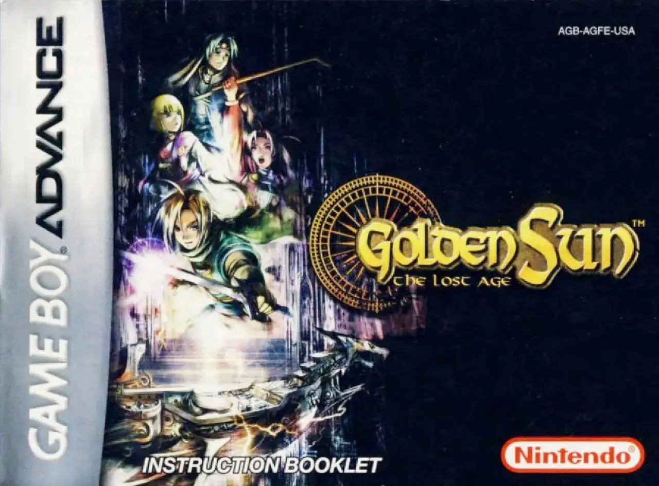 Okładka gry Golden Sun: The Lost Age na Game Boy Advance. Postacie z gry na tle mrocznego, magicznego świata.