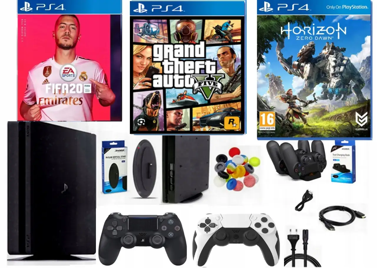 Zestaw do gry w FIFĘ na dwa pady PS4: konsola, gry (FIFA 20, GTA V, Horizon Zero Dawn), dwa pady, ładowarka i akcesoria.